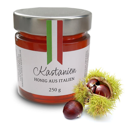 Italienischer Kastanienhonig im Glas – dunkler Honig mit kräftigem, herbem Aroma