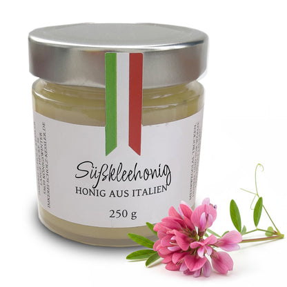 Süßklee-Honig aus Italien im Glas – heller, mild-blumiger Honig