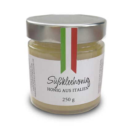 Süßklee-Honig aus Italien im Glas – heller, mild-blumiger Honig