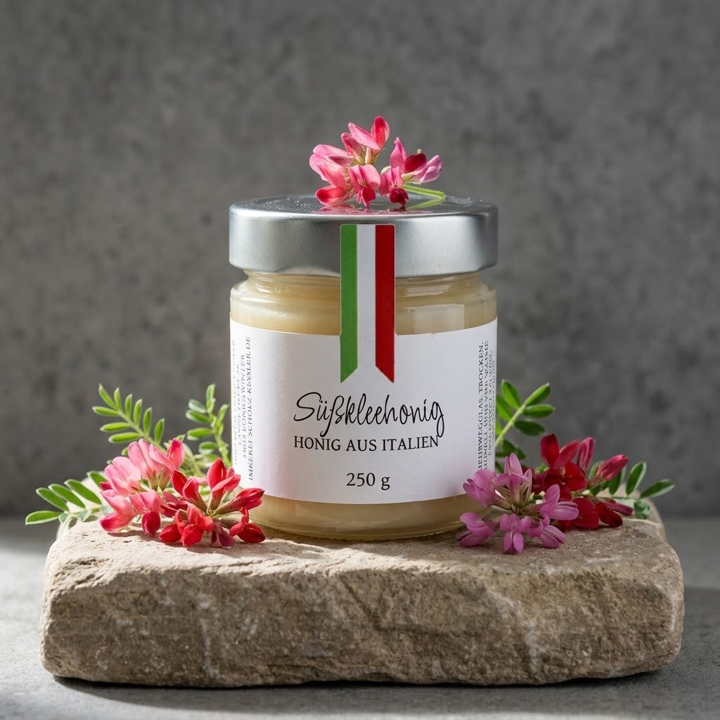 Süßklee-Honig aus Italien im Glas – heller, mild-blumiger Honig