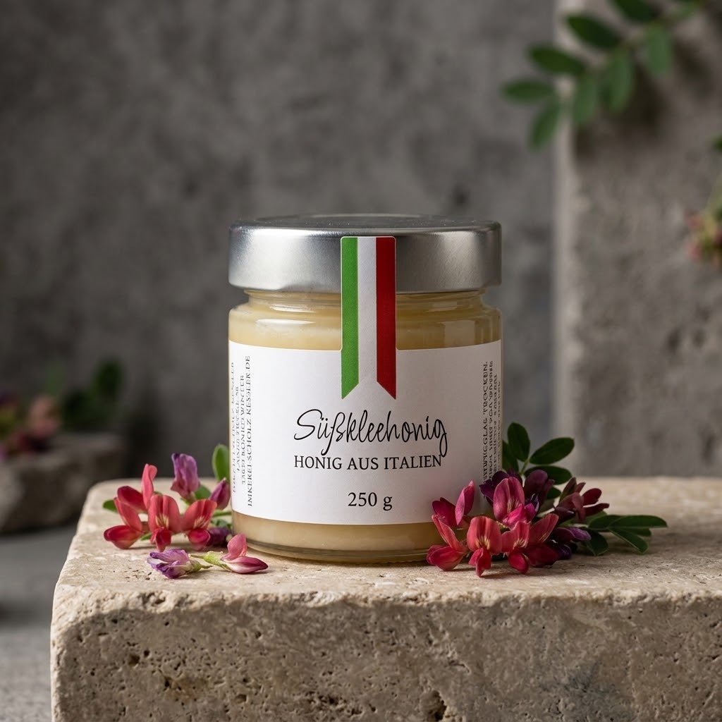 Süßklee-Honig aus Italien im Glas – heller, mild-blumiger Honig