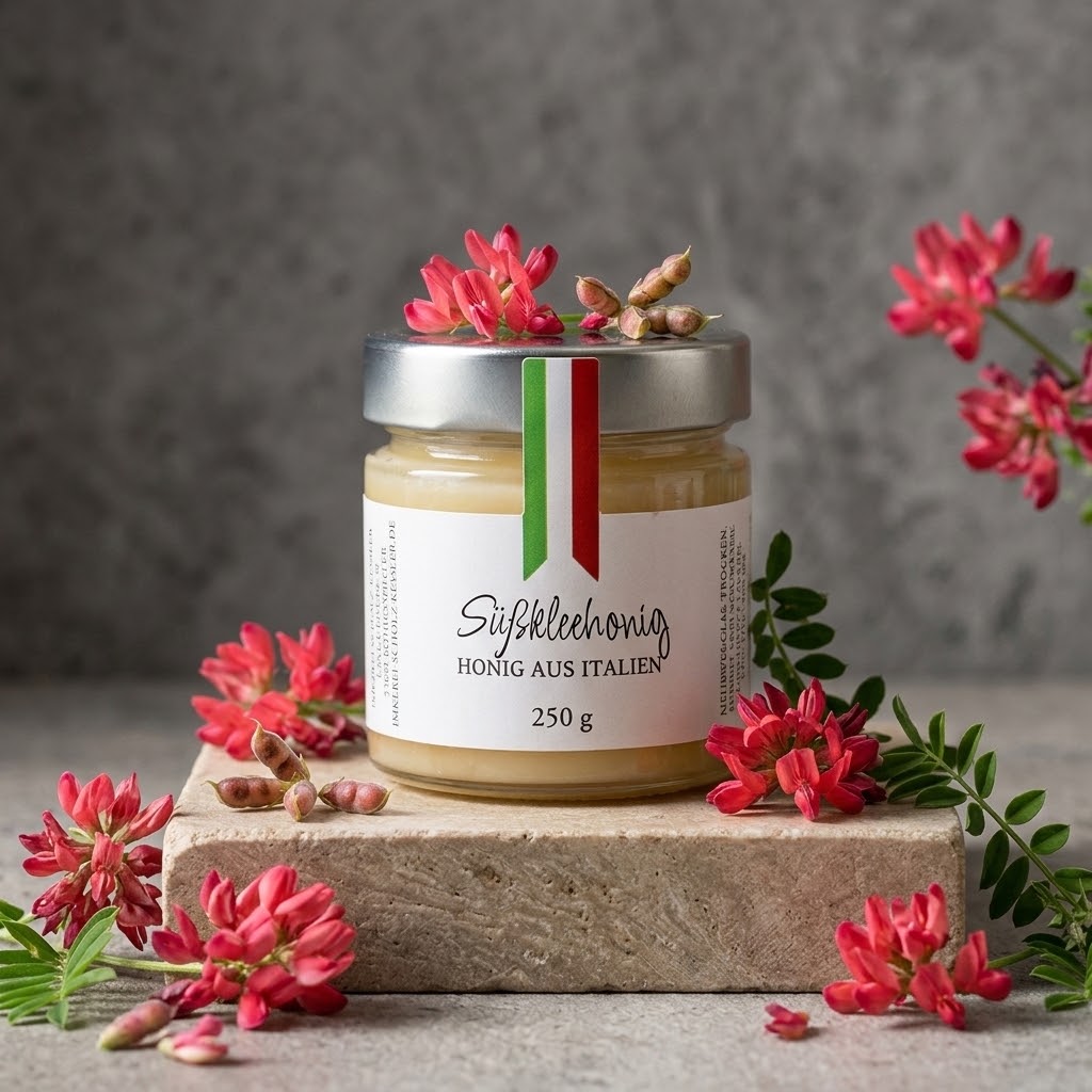 Süßklee-Honig aus Italien im Glas – heller, mild-blumiger Honig
