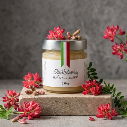 Süßklee-Honig aus Italien im Glas – heller, mild-blumiger Honig