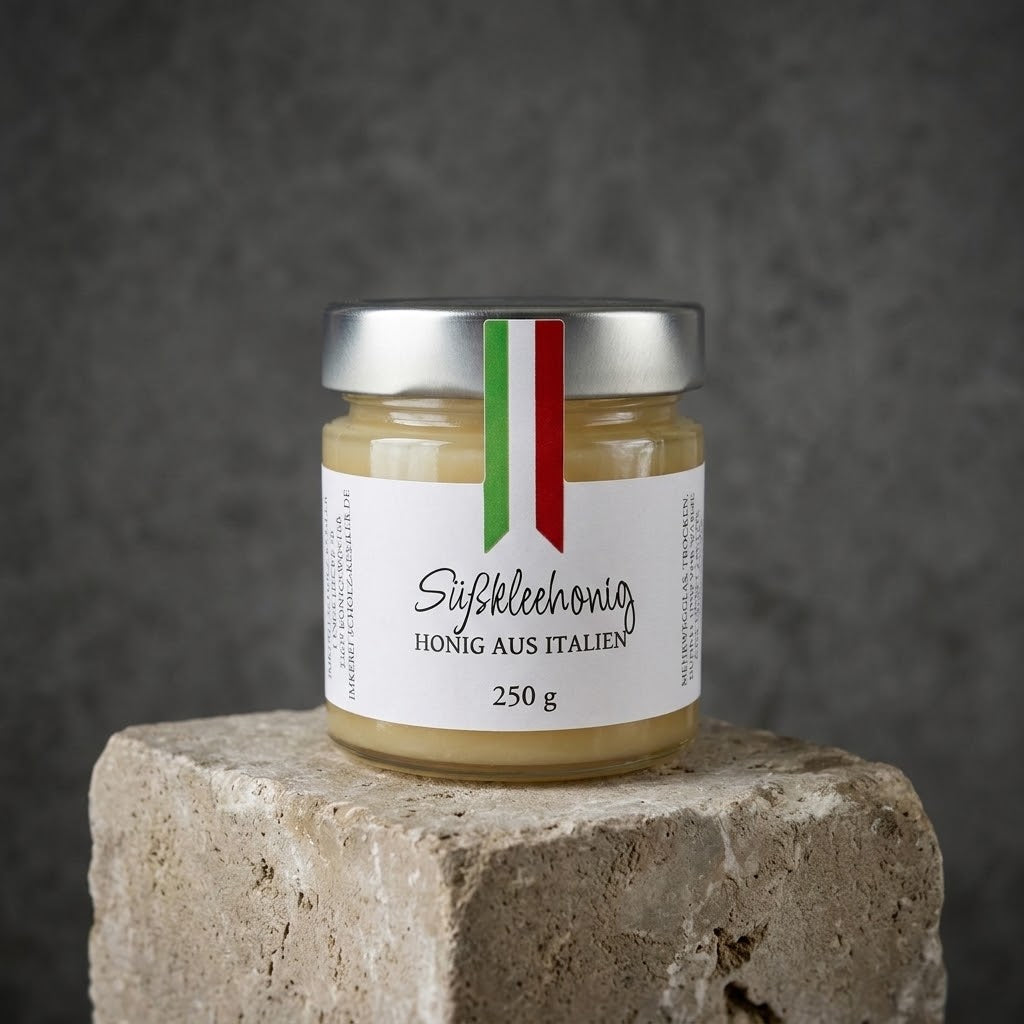 Süßklee-Honig aus Italien im Glas – heller, mild-blumiger Honig