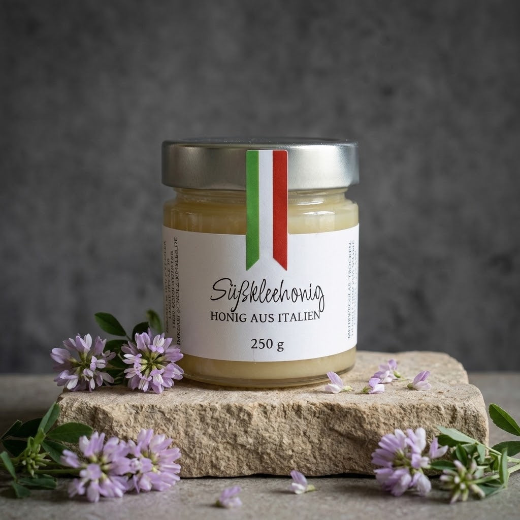Süßklee-Honig aus Italien im Glas – heller, mild-blumiger Honig