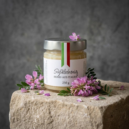 Süßklee-Honig aus Italien im Glas – heller, mild-blumiger Honig
